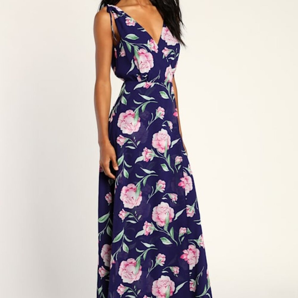 Lulus Romantic Possibilities Navy Floral Print Maxi Dress Blue - Size S